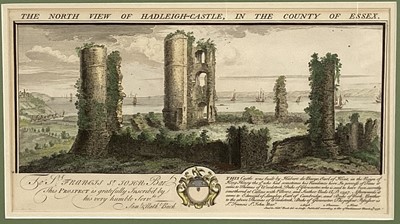 Lot 4 - 18th century hand coloured engraving - The North View of Hadleigh Castle, published by Buck 1738, 19.5cm x 36cm, in glazed frame