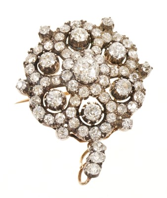 Lot 612 - Fine Victorian diamond pendant brooch, the flower shape cluster with 68 old cut diamonds estimated to weigh approximately 5.50cts in total