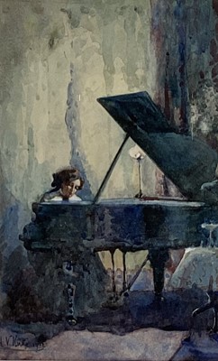 Lot 5 - H. V. Kinke, early 20th century, watercolour - Lady playing a Piano, signed and dated 1912, 28cm x 17cm, in glazed gilt frame