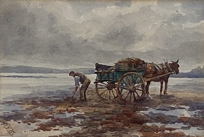 Lot 11 - English School, early 20th century, watercolour - Horse and Cart on the Shore, initialled, 16cm x 24cm, in glazed gilt frame