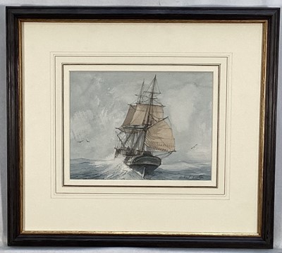 Lot 8 - Michael Barton, contemporary, pencil and watercolour - Ship at Sea, signed, 15cm x 19.5cm, in glazed frame