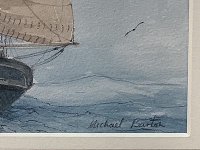 Lot 8 - Michael Barton, contemporary, pencil and watercolour - Ship at Sea, signed, 15cm x 19.5cm, in glazed frame