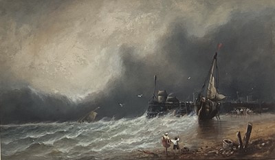 Lot 133 - English School, late 19th century, watercolour and gouache - Rough seas on the Coast, 31cm x 52cm, in glazed gilt frame