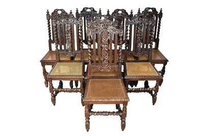 Lot 1572 - Set of eight Victorian carved oak dining chairs, each with vine carved pierced back and caned seat on barley twist understructure