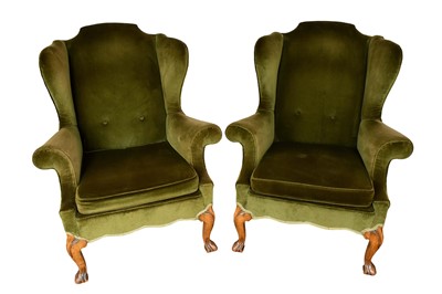 Lot 1582 - Pair of Queen Anne revival wing armchairs, each with velvet moss green upholstery on breganza feet