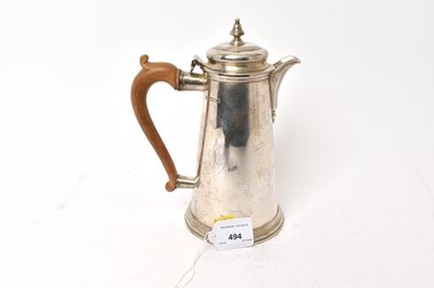 Lot 494 - Contemporary silver coffee pot of tapering form, with hinged domed cover and wooden scroll handle