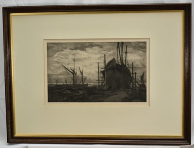 Lot 1281 - Charles Baskett (1872-1953) signed etching - The Shipbuilders Yard, Whitstable, 22cm x 34cm, in glazed frame, together with two Rowland Langmaid (1897-1956) signed etchings, 'Old Portsmouth', 10...