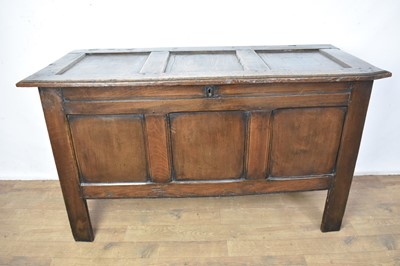 Lot 1595 - 18th century oak coffer, with plank top over triple panel front, on high stiles, 122cm wide x 52cm deep x 72cm high