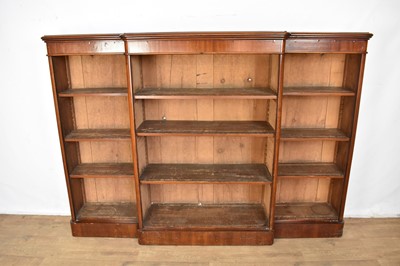 Lot 1599 - Large Victorian mahogany open breakfront bookcase, with adjustable shelves on plinth base, 183cm wide x 35cm deep x 128cm high