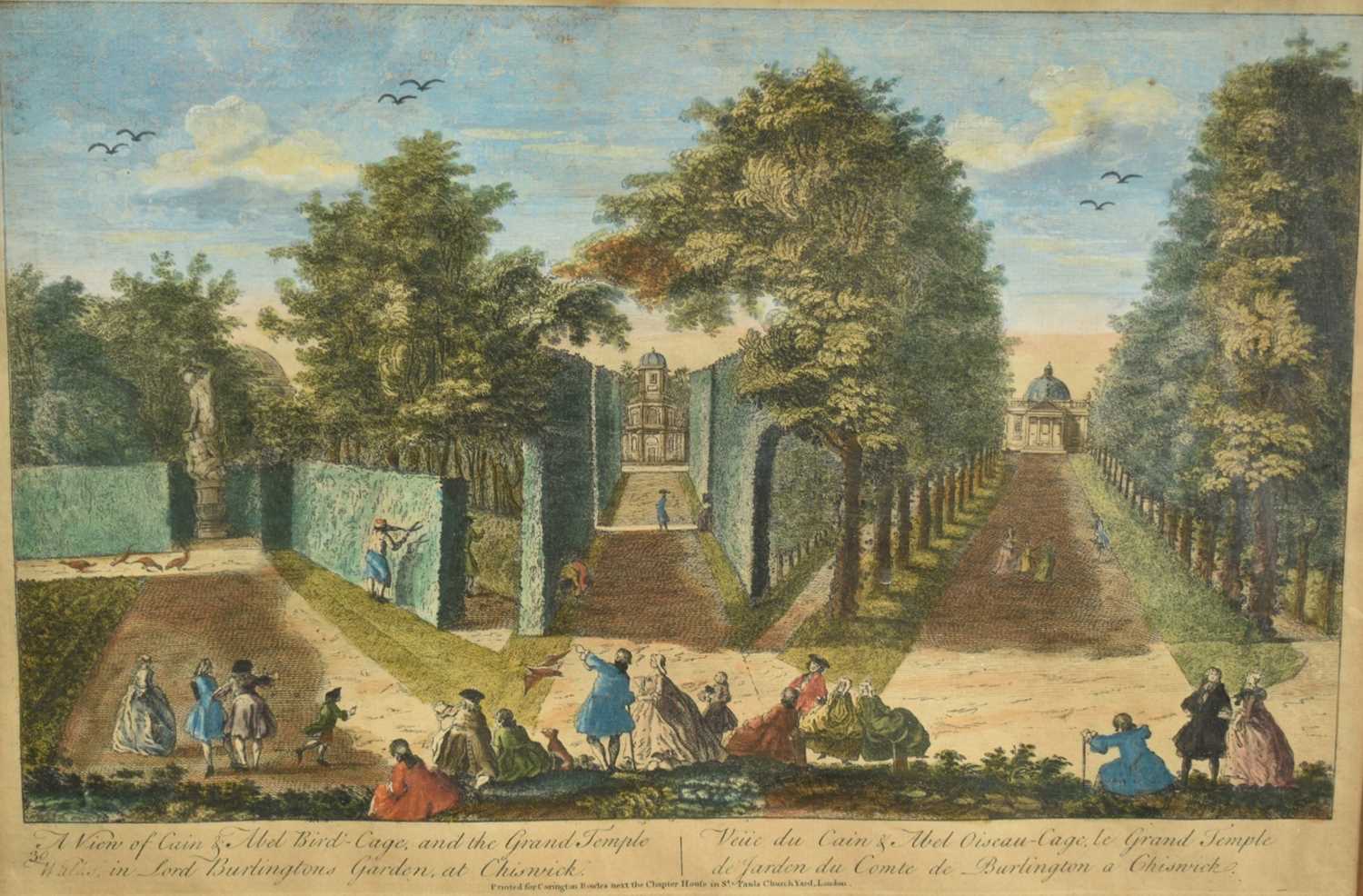 Lot 1406 - 18th century engraving, circa 1790, "A View of Cain and Able Bird Cage ad the Grand Temple Walks in Lord Burlington's Garden at Chiswick" (and in French). "Printed for Carrington Bowles next the...