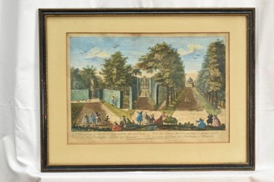 Lot 1406 - 18th century engraving, circa 1790, "A View of Cain and Able Bird Cage ad the Grand Temple Walks in Lord Burlington's Garden at Chiswick" (and in French). "Printed for Carrington Bowles next the...