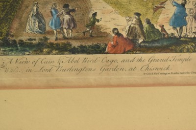 Lot 1406 - 18th century engraving, circa 1790, "A View of Cain and Able Bird Cage ad the Grand Temple Walks in Lord Burlington's Garden at Chiswick" (and in French). "Printed for Carrington Bowles next the...