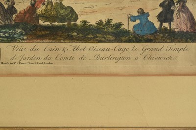 Lot 1406 - 18th century engraving, circa 1790, "A View of Cain and Able Bird Cage ad the Grand Temple Walks in Lord Burlington's Garden at Chiswick" (and in French). "Printed for Carrington Bowles next the...