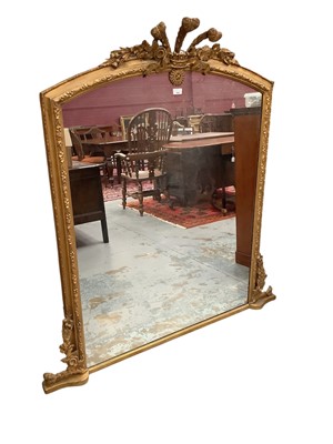 Lot 1647 - Good quality Victorian giltwood overmantel mirror with Prince of Wales feathers and thistle, shamrock and rose design, approximately 142cm high.