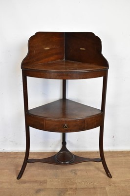 Lot 1613 - George III mahogany corner wash stand, with gallery back and two tiers, the lower tier with drawer, on splayed supports, 58cm wide x 97cm high