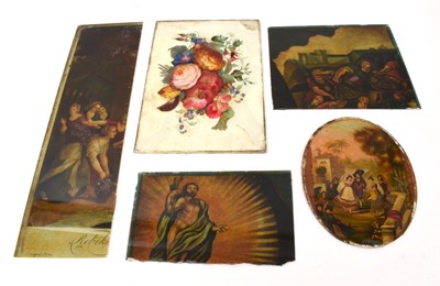 Lot 1144 - Mid 19th century reverse painting on glass, four others