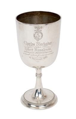 Lot 131 - Of Royal Yacht interest, late Victorian silver trophy engraved with the Prince of Wales feather crest and badge of The Royal Yacht Osborne and engraved' Charles Blackader from Robert Donaldson A...