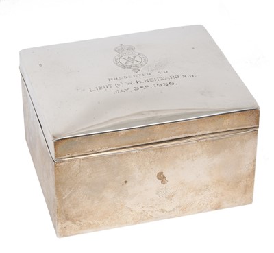 Lot 132 - Of Royal Yacht interest, 1930s silver cigarette box with engraved crowned badge of The Royal Yacht Victoria and Albert and 'Presented to Lieut. (E) W.H. Kenward R.N. May 3rd. 1939' ( hallmarks r...