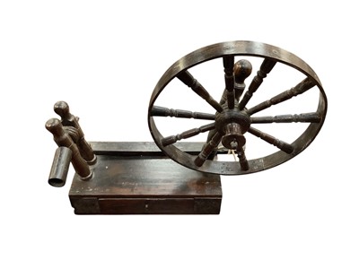 Lot 1527 - 18th / 19th century fruitwood tabletop spinning wheel, with drawer to the plinth base, 47cm long