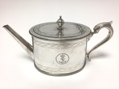 Lot 134 - Late Victorian silver plated Royal Navy Officers' Mess teapot by Elkington & Co with engraved crowned fouled anchor badge and rope engraved borders and similar 12 place setting Silver plated...