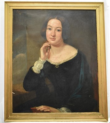 Lot 1491 - English School, 19th century, oil on canvas laid on board - Portrait of a Lady, 'Mrs Mary Jane Price, married in Gretna Green', 76cm x 64cm, framed