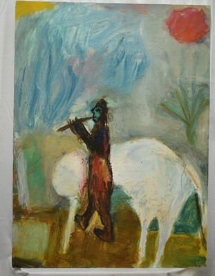 Lot 1372 - Lallitha Jawahirilal (b.1955) oil on board - 'Krysna' 1994, inscribed verso, 97cm x 71cm, with related invoices and paperwork. Provenance: Business Art Galleries, London, July 1994. The c...