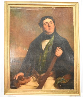 Lot 1490 - English School, 19th century, oil on canvas laid on board - Portrait of a Gentleman with his Dog, 'Charles Gordon Esq. of Wiscombe Park Devon, died 1858', 89cm x 70cm, framed