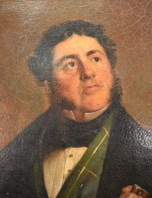 Lot 1490 - English School, 19th century, oil on canvas laid on board - Portrait of a Gentleman with his Dog, 'Charles Gordon Esq. of Wiscombe Park Devon, died 1858', 89cm x 70cm, framed