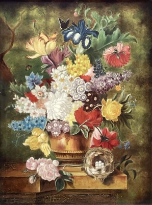 Lot 103 - Continental School oil on board - A profusion of Summer Blooms, 37cm x 27cm, in glazed frame