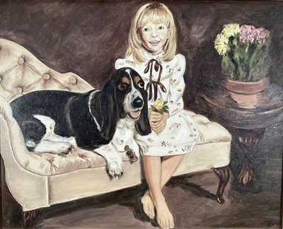 Lot 104 - English School signed A.M.T., oil on board - Portrait of a Girl with a Bassett Hound, 40cm x 50cm, framed