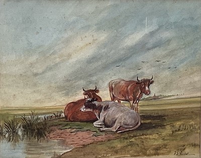 Lot 105 - Manner of Thomas Sydney Cooper watercolour - Cattle at Rest, bears signature, 28cm x 36cm, in glazed frame