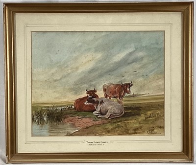 Lot 105 - Manner of Thomas Sydney Cooper watercolour - Cattle at Rest, bears signature, 28cm x 36cm, in glazed frame