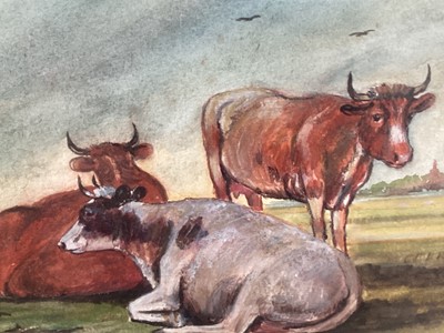Lot 105 - Manner of Thomas Sydney Cooper watercolour - Cattle at Rest, bears signature, 28cm x 36cm, in glazed frame