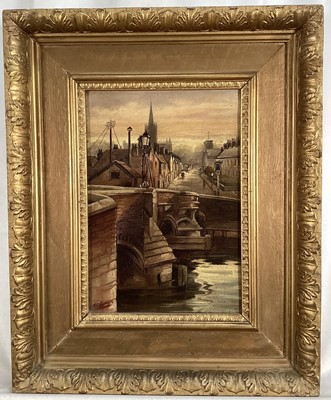 Lot 106 - A. E. Chaplin oil on canvas - Street Scene, 26cm x 18cm, in gilt frame