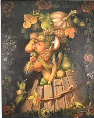 Lot 1466 - Robert Caspers after Giuseppe Arcimboldo, oil on board - Imaginative portrait head made of fruits, vegetables, flowers and vines, signed, 51cm x 41cm, unframed