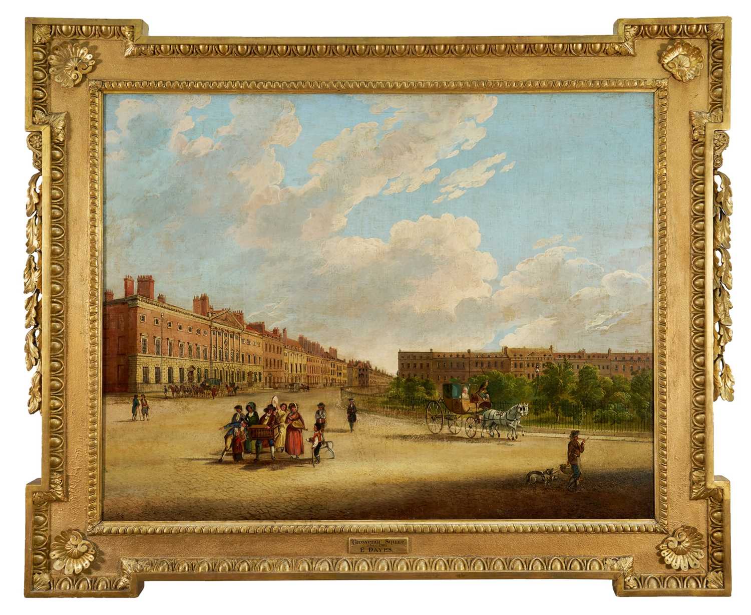 Lot 1301 - Edward Dayes (1763-1804) oil on canvas - Grosvenor Square, circa 1785, 71.5cm x 91.5cm, in fine 'Kent' frame.Provenance: property from Edward Curzon, 6th Earl Howe of Gopsall Park and