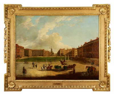 Lot 1301 - Edward Dayes (1763-1804) oil on canvas - Grosvenor Square, circa 1785, 71.5cm x 91.5cm, in fine 'Kent' frame.Provenance: property from Edward Curzon, 6th Earl Howe of Gopsall Park and