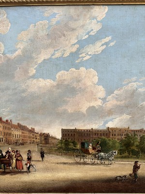 Lot 1301 - Edward Dayes (1763-1804) oil on canvas - Grosvenor Square, circa 1785, 71.5cm x 91.5cm, in fine 'Kent' frame.Provenance: property from Edward Curzon, 6th Earl Howe of Gopsall Park and