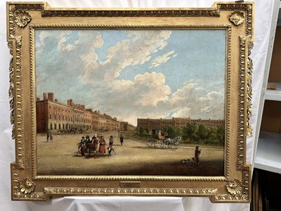 Lot 1301 - Edward Dayes (1763-1804) oil on canvas - Grosvenor Square, circa 1785, 71.5cm x 91.5cm, in fine 'Kent' frame.Provenance: property from Edward Curzon, 6th Earl Howe of Gopsall Park and