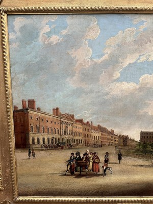 Lot 1301 - Edward Dayes (1763-1804) oil on canvas - Grosvenor Square, circa 1785, 71.5cm x 91.5cm, in fine 'Kent' frame.Provenance: property from Edward Curzon, 6th Earl Howe of Gopsall Park and