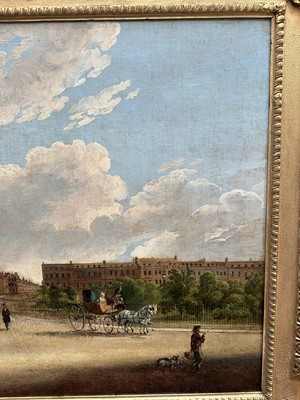 Lot 1301 - Edward Dayes (1763-1804) oil on canvas - Grosvenor Square, circa 1785, 71.5cm x 91.5cm, in fine 'Kent' frame.Provenance: property from Edward Curzon, 6th Earl Howe of Gopsall Park and