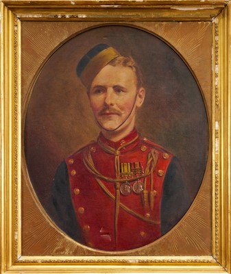 Lot 1426 - Leon Sprinck, early 20th century, oil on canvas - Portrait of a British Lancer, circa 1905, wearing medals including Boer War, 75cm x 65cm, in gilt frame