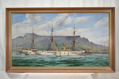 Lot 1430 - Joseph Banks, 1920s oil on canvas - H.M.S. Boadicea at Anchor, signed and dated, 46cm x 81.5cm, framed