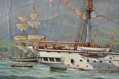 Lot 1430 - Joseph Banks, 1920s oil on canvas - H.M.S. Boadicea at Anchor, signed and dated, 46cm x 81.5cm, framed