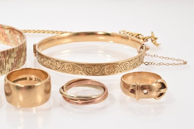 Lot 122 - 9ct three-colour gold bracelet and similar ring, two other 9ct gold rings, 9ct three-colour gold 'Russian' ring, rope twist ring, yellow metal chain bracelet and a gold plated bangle
