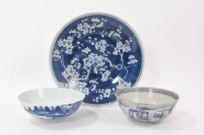 Lot 338 - Three pieces of Chinese porcelain, including a Ming bowl with calligraphy, an 18th century landscape bowl, and a 19th century prunus dish, 28cm diameter