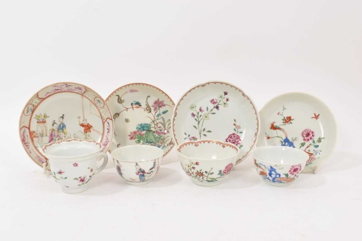 Lot 339 - Three 18th century Chinese famille rose porcelain tea bowls and saucer, and a non-matching tea cup and saucer (8)
