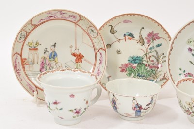 Lot 339 - Three 18th century Chinese famille rose porcelain tea bowls and saucer, and a non-matching tea cup and saucer (8)