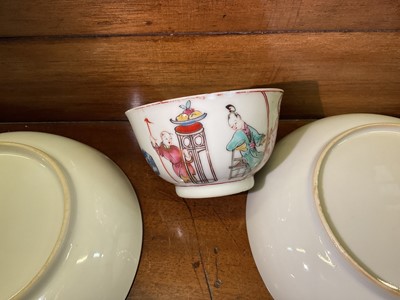 Lot 339 - Three 18th century Chinese famille rose porcelain tea bowls and saucer, and a non-matching tea cup and saucer (8)