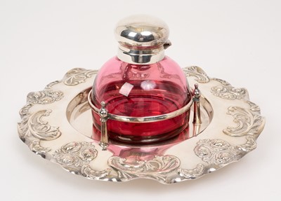 Lot 546 - Victorian plated desk stand with cranberry glass inkwell